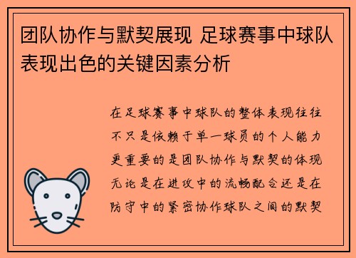 团队协作与默契展现 足球赛事中球队表现出色的关键因素分析