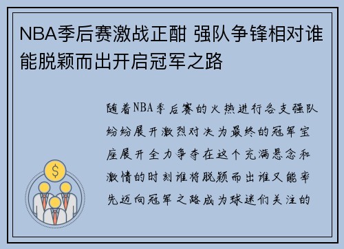 NBA季后赛激战正酣 强队争锋相对谁能脱颖而出开启冠军之路
