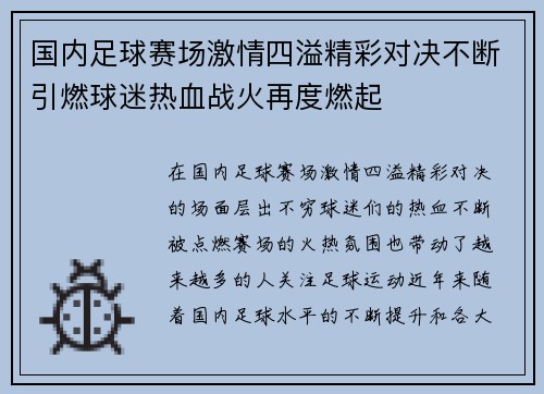 国内足球赛场激情四溢精彩对决不断引燃球迷热血战火再度燃起