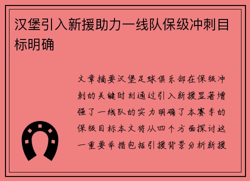 汉堡引入新援助力一线队保级冲刺目标明确