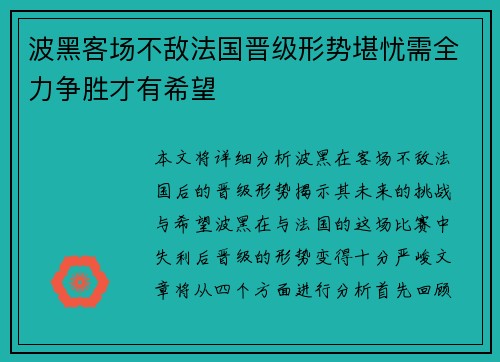 波黑客场不敌法国晋级形势堪忧需全力争胜才有希望