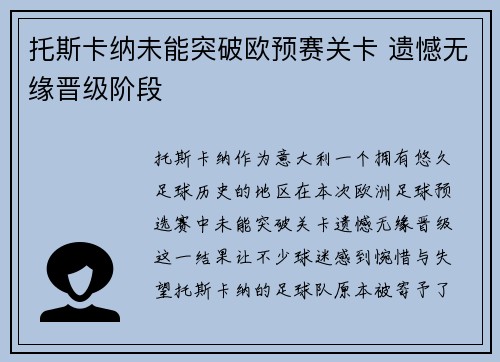 托斯卡纳未能突破欧预赛关卡 遗憾无缘晋级阶段